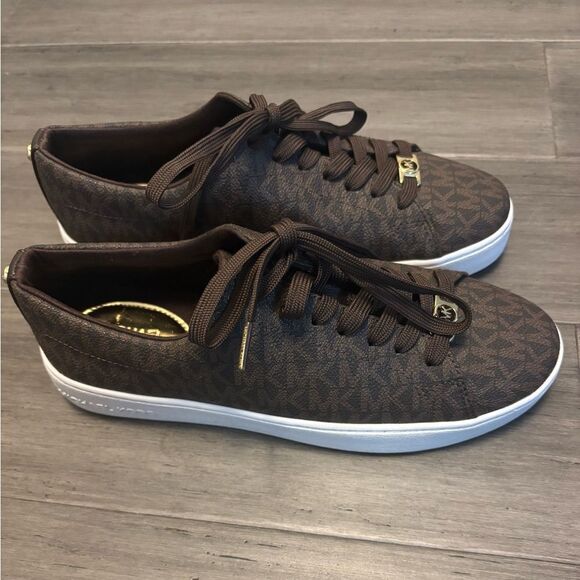 Michael Kors Monogram Logo Lace-Up Sneakers Brown/Gold Size 7.5 - Picture 2 of 9